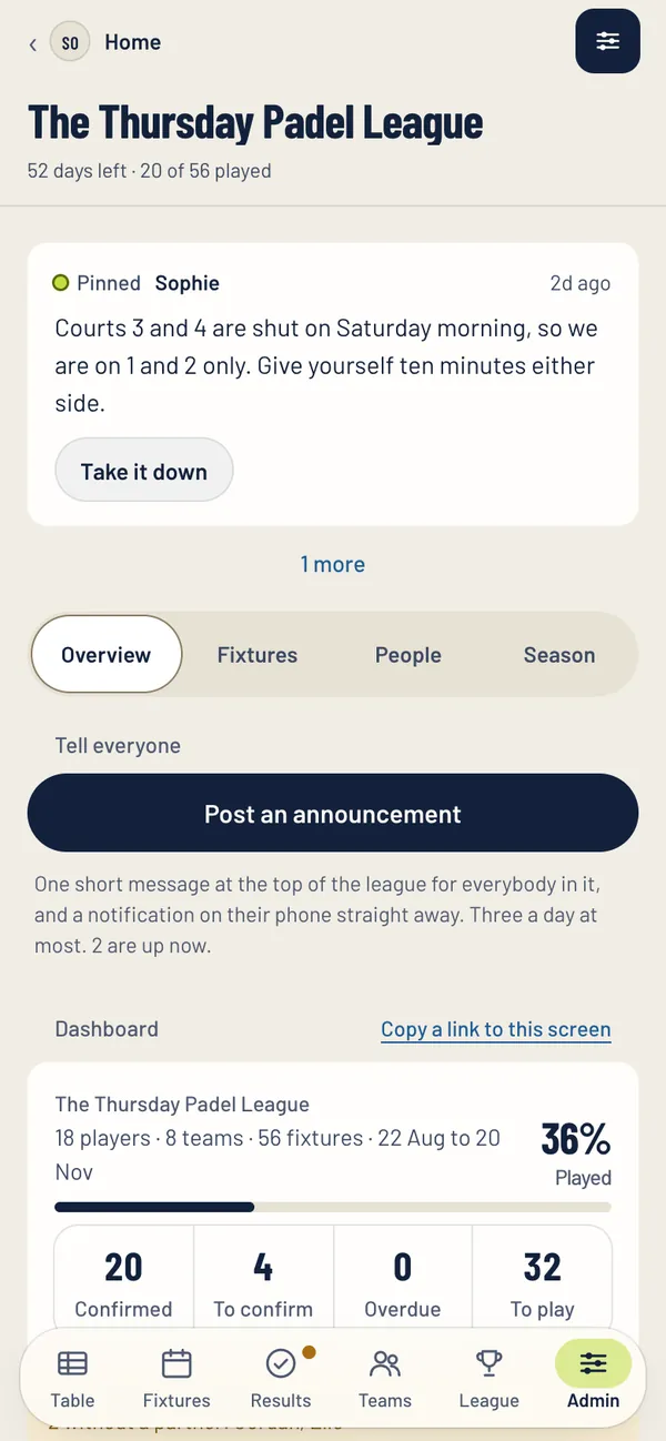 The admin tab of a league with Post an announcement and the league dashboard
