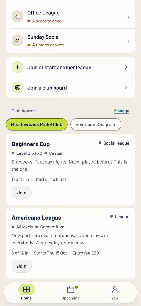 A club board in the app with a Beginners Cup and an Americano League open for sign up
