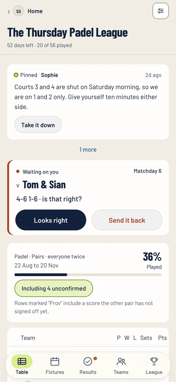 A score waiting to be confirmed, with Looks right and Send it back