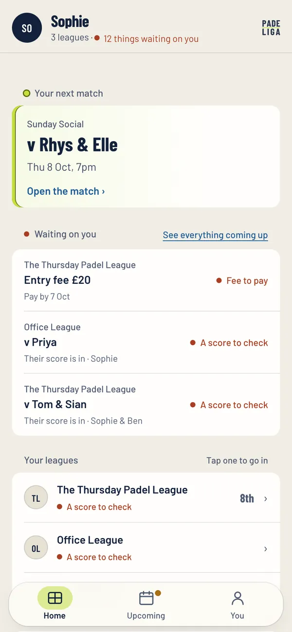 The Padeliga home screen: your next match, what is waiting on you and your leagues