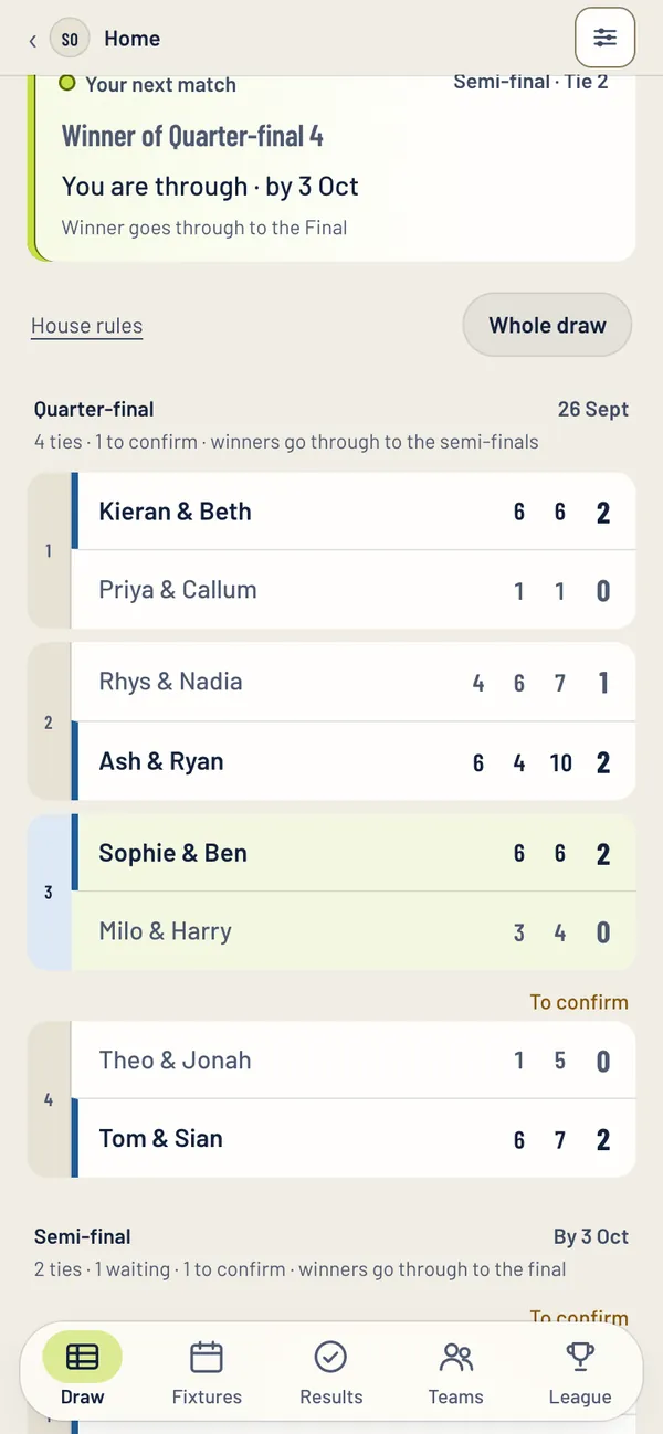 A padel knockout in the Padeliga app: quarter final results with the winners highlighted, one tie waiting to be confirmed, and the semi final deadline